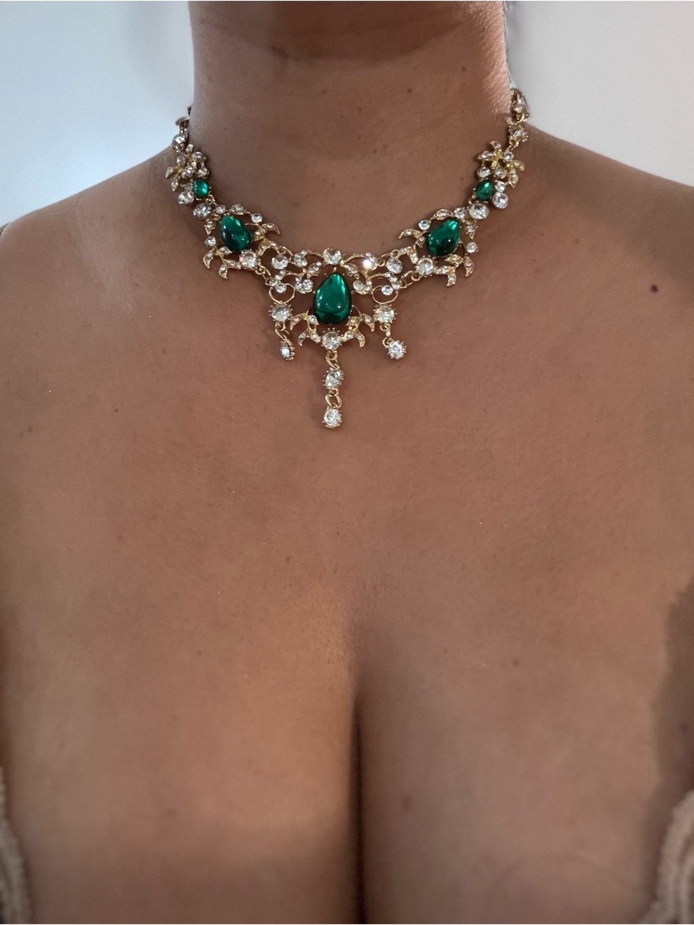 Gold-tone Necklace with Emerald Green Teardrop Stones - Women's Jewelry